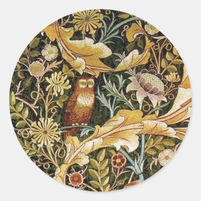 Pegatina Redonda William Morris Owl an Acanthus (Anverso)