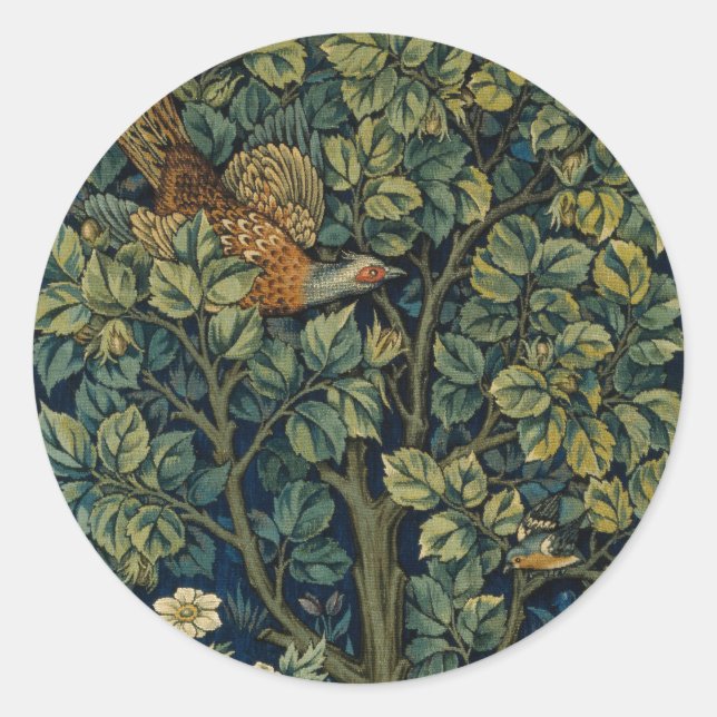 Pegatina Redonda William Morris Pheasant Bird Tree Woodland (Anverso)