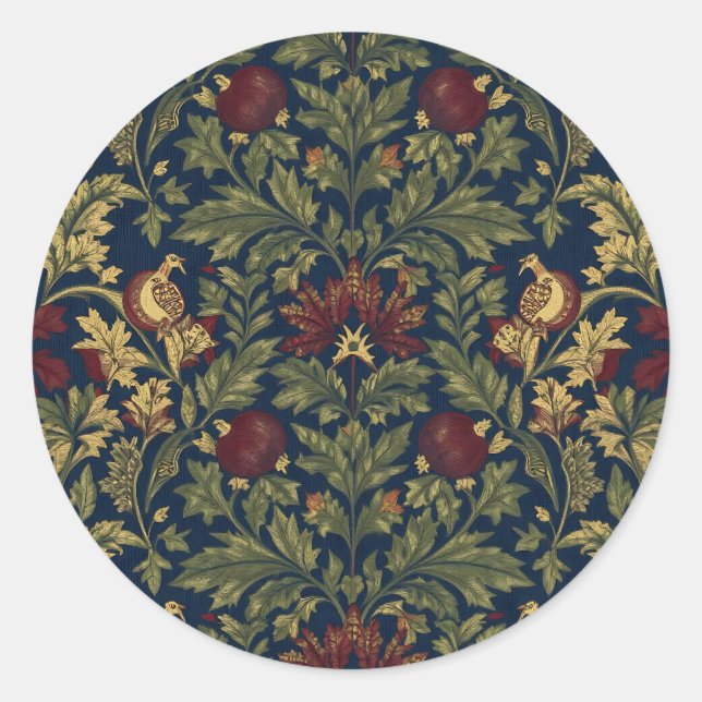 Pegatina Redonda William Morris Pomegranate Floral Navy Pattern (Anverso)