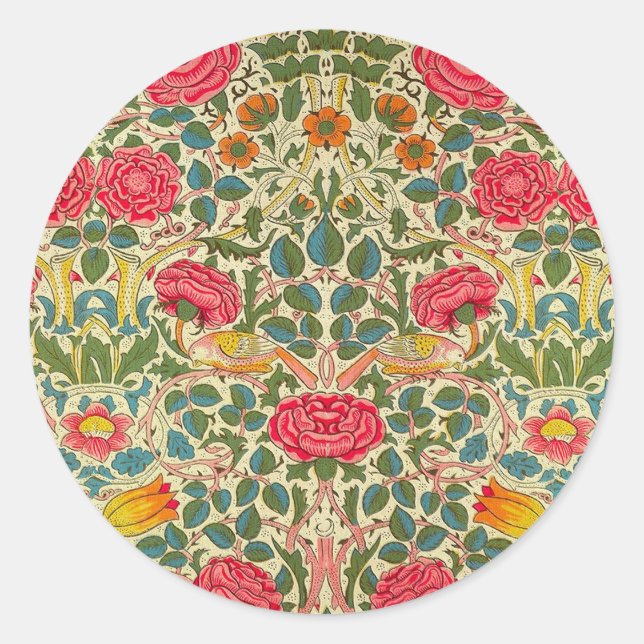 Pegatina Redonda William Morris Rosa Floral Chintz Pink (Anverso)