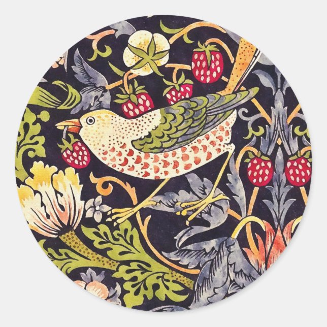 Pegatina Redonda William Morris Strawberry Thief Floral Art Nouveau (Anverso)