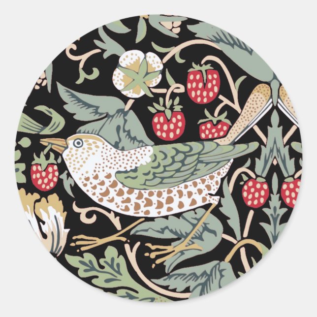 Pegatina Redonda William Morris Strawberry Thief I Aves Negras (Anverso)