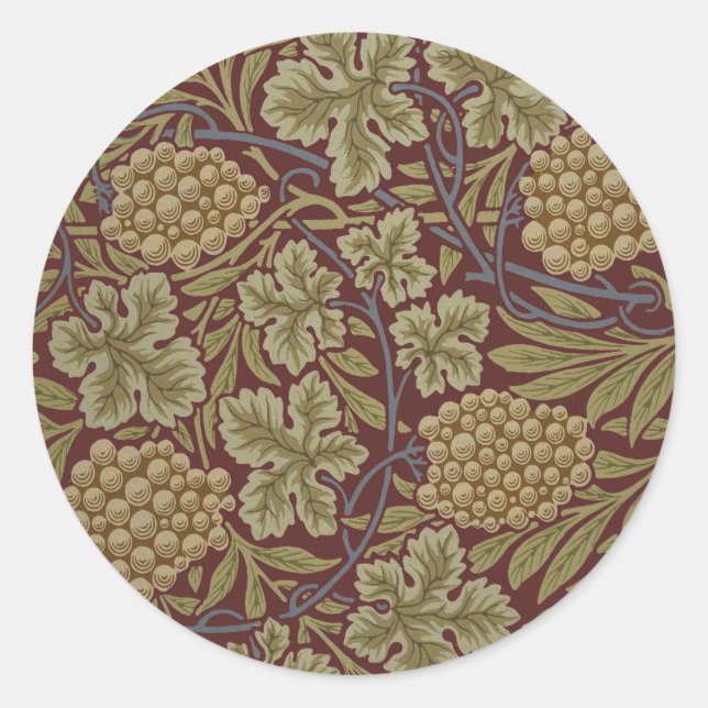 Pegatina Redonda William Morris Vine Grape Red Green Art (Anverso)