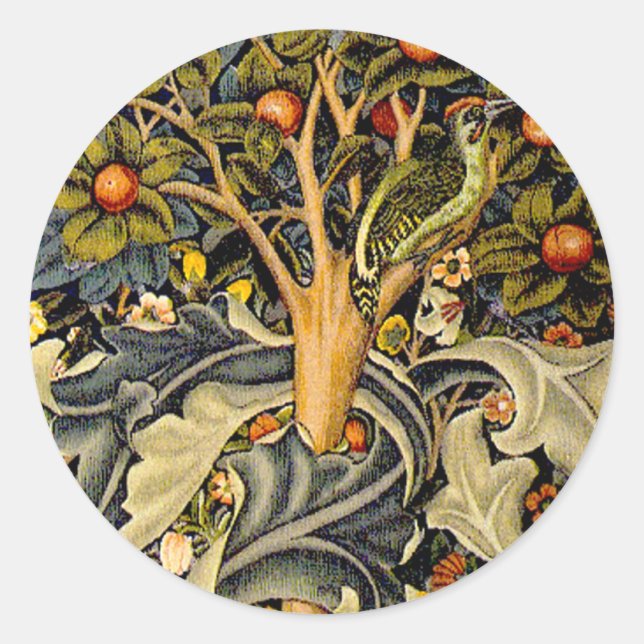 Pegatina Redonda William Morris Woodpecker Tapestry Arts & Crafts (Anverso)