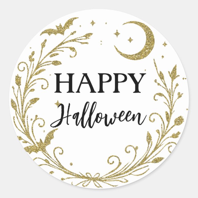 Pegatina Redonda Wimsical Wiccan Gold Purpurina Halloween (Anverso)