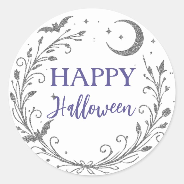 Pegatina Redonda Wimsical Wiccan Silver Purpurina Halloween (Anverso)