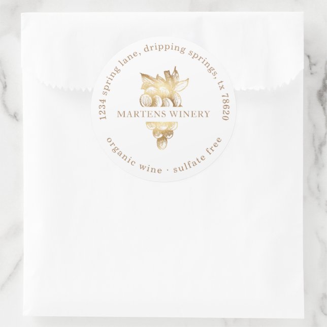 Pegatina Redonda Wine Business Winery Gold Grapes Dirección de devo (Bolso)