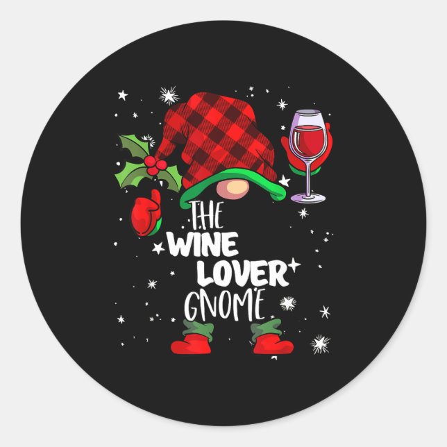 Pegatina Redonda Wine Lover Gnome Red Buffalo Plaid Matching Family (Anverso)