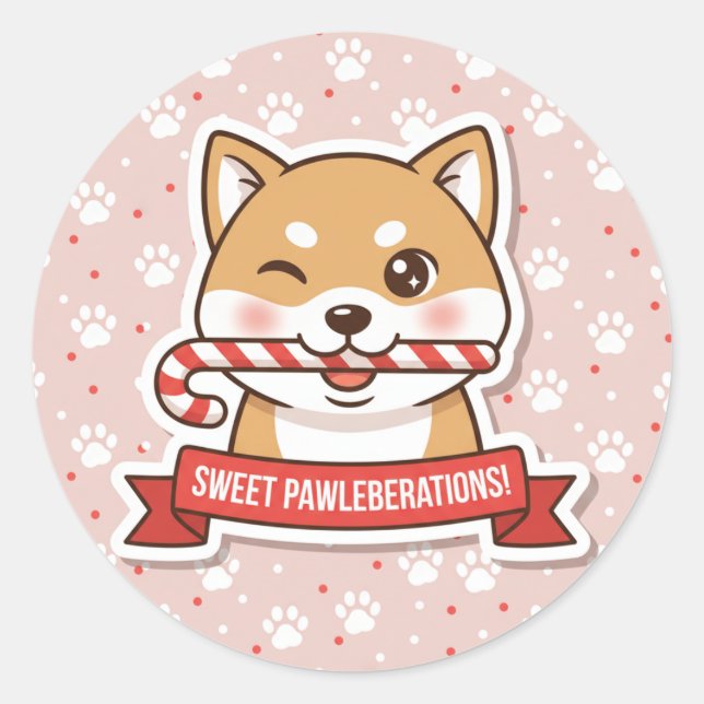 Pegatina Redonda Winking Shiba Inu Candy Cane Sticker (Anverso)