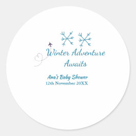 Pegatina Redonda Winter Adventure awaits baby shower blue snowflake