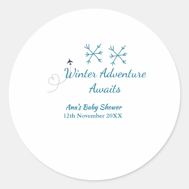 Pegatina Redonda Winter Adventure awaits baby shower blue snowflake (Anverso)