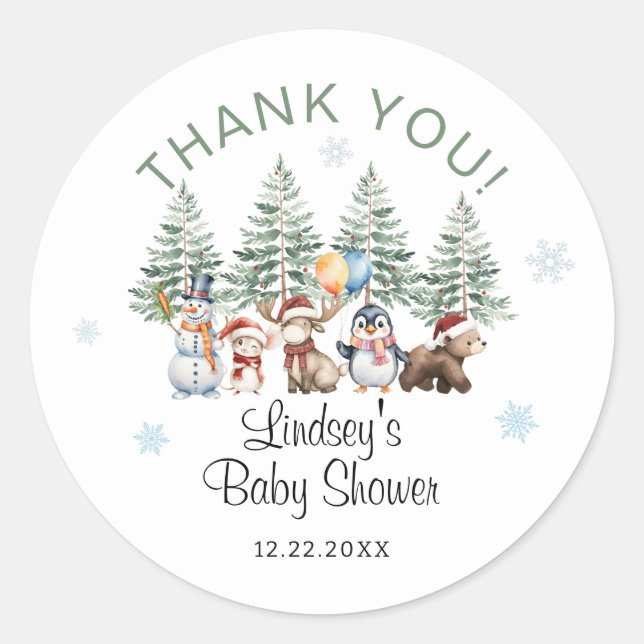 Pegatina Redonda Winter Animal Baby Shower Thank You (Anverso)