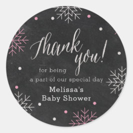 Pegatina Redonda Winter Baby Shower Pink Chalkboard Gracias