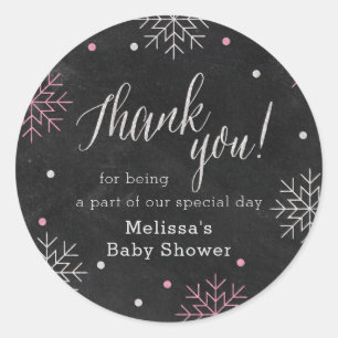 Pegatina Redonda Winter Baby Shower Pink Chalkboard Gracias