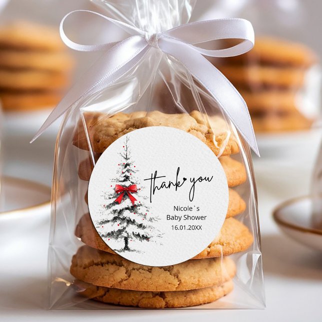 Pegatina Redonda Winter Baby Shower Thank You – Editable Text (#winter #babyshower #editabletemplatecustomizable #textwinter #treeart# babyshower #decorholiday )