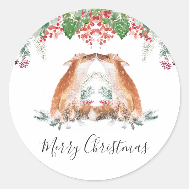 Pegatina Redonda Winter Berries Woodland Fox Feliz Navidad (Anverso)