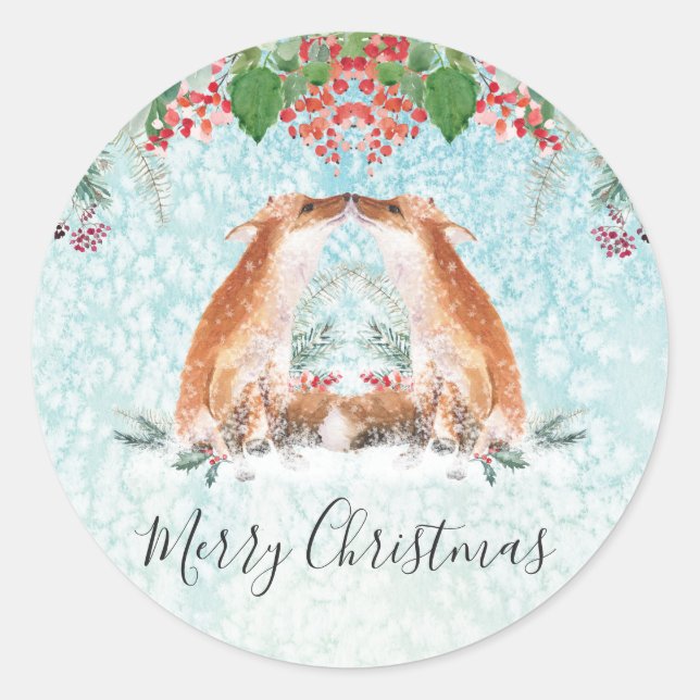 Pegatina Redonda Winter Berries Woodland Fox Feliz Navidad Classi (Anverso)