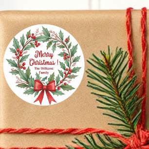 Pegatina Redonda Winter Berries Wreath Red Bow