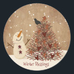 Pegatina Redonda Winter Blessing Snowman Christmas Sticker<br><div class="desc">Este Pegatina de Winter Blessings cuenta con un lindo y primitivo muñeco de nieve de campo en un árbol de cerezo con corazones y estrellas.</div>