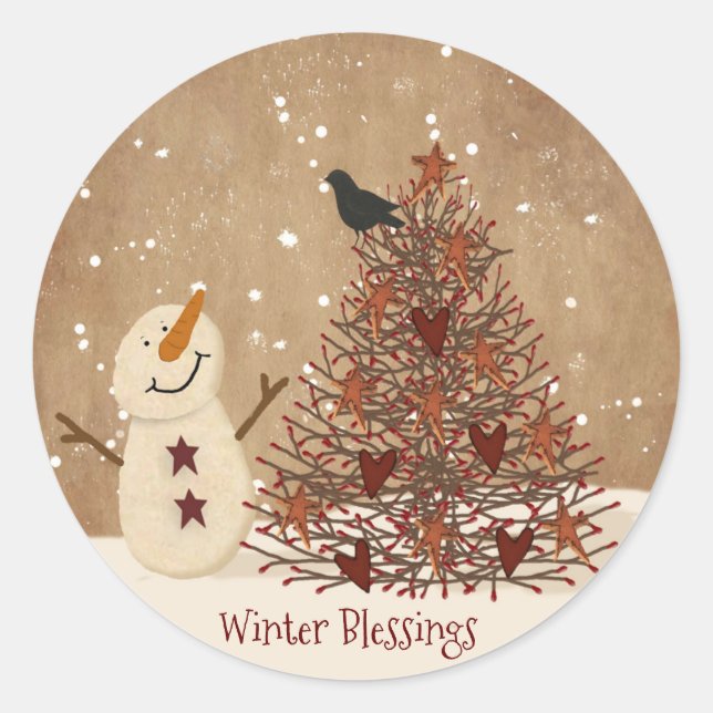 Pegatina Redonda Winter Blessing Snowman Christmas Sticker (Anverso)