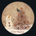 Pegatina Redonda Winter Blessing Snowman Christmas Sticker<br><div class="desc">Este Pegatina de Winter Blessings cuenta con un lindo y primitivo muñeco de nieve de campo en un árbol de cerezo con corazones y estrellas.</div>