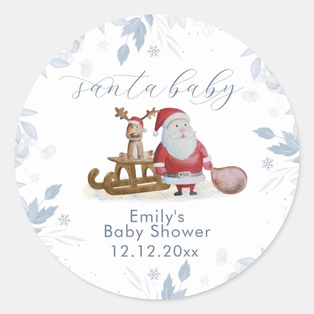 Pegatina Redonda Winter Christmas Sleigh Moose Santa Baby Shower  (Anverso)