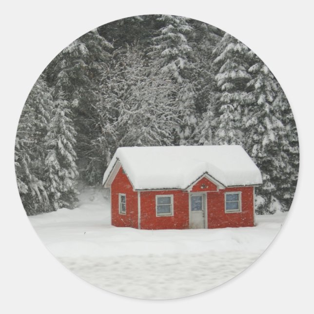Pegatina Redonda Winter Cottage (Anverso)