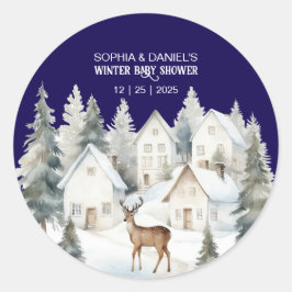 Pegatina Redonda Winter Deer in Village Watercolor Baby Shower