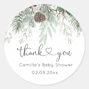 Pegatina Redonda Winter Evergreen Pine Baby Shower