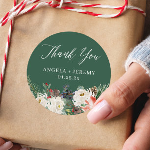 Pegatina Redonda Winter Floral Holly Berries Holiday Gracias