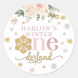 Pegatina Redonda Winter Floral Snowflake Onederland Primer cumpleañ