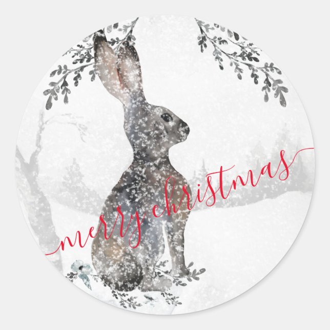 Pegatina Redonda Winter Hare Rabbit Snowy Woodland Scene (Anverso)