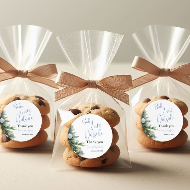 Pegatina Redonda Winter It's Cold Outside Blue Bow Baby Shower (Subido por el creador)