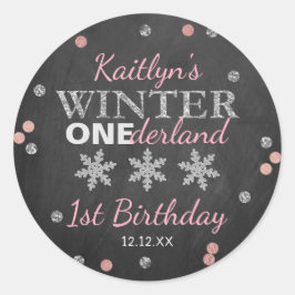 Pegatina Redonda Winter ONEderland Chalkboard 1er cumpleaños