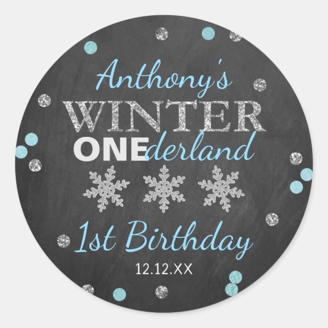 Pegatina Redonda Winter ONEderland Chalkboard 1er cumpleaños (Anverso)