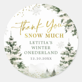 Pegatina Redonda Winter Onederland Forest First Birthday Gracias