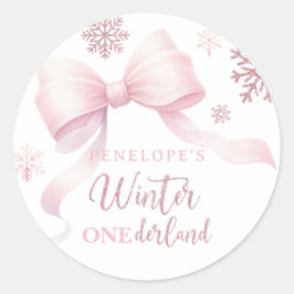 Pegatina Redonda Winter Onederland Pink Bow Girl 1st Birthday