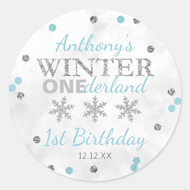 Pegatina Redonda Winter ONEderland Primer cumpleaños (Anverso)