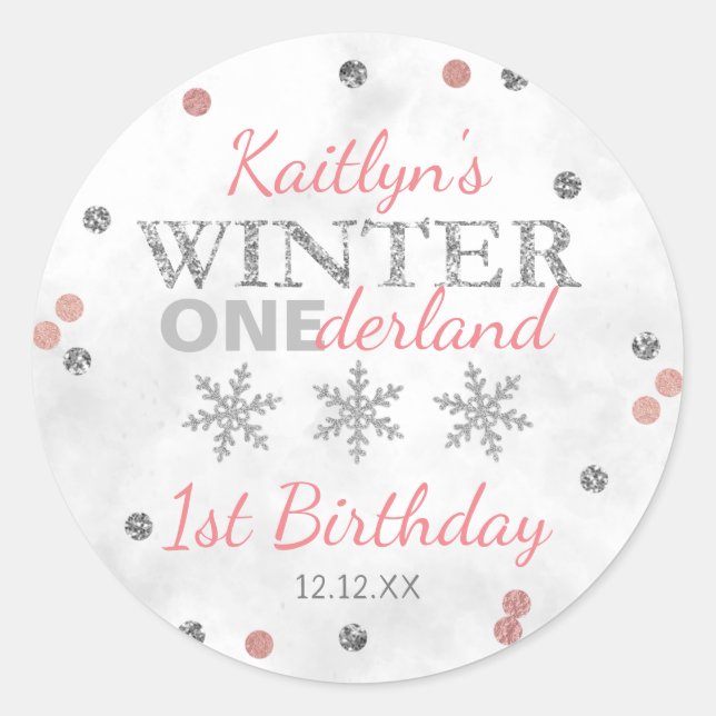 Pegatina Redonda Winter ONEderland Primer cumpleaños (Anverso)