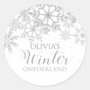 Pegatina Redonda Winter Onederland Primer cumpleaños copos de nieve