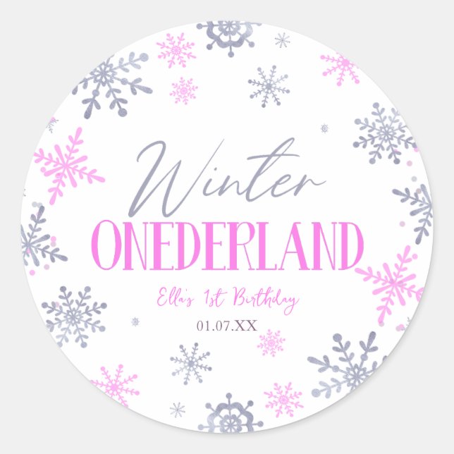 Pegatina Redonda Winter ONEderland Snowflake Primer Fiesta de cumpl (Anverso)