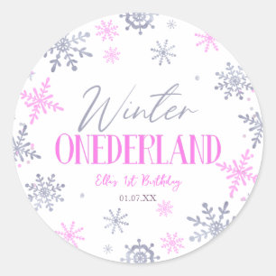 Pegatina Redonda Winter ONEderland Snowflake Primer Fiesta de cumpl