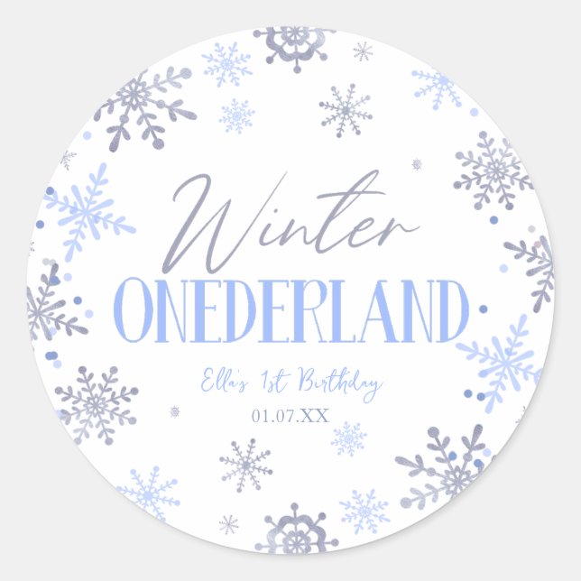 Pegatina Redonda Winter ONEderland Snowflake Primer Fiesta de cumpl (Anverso)