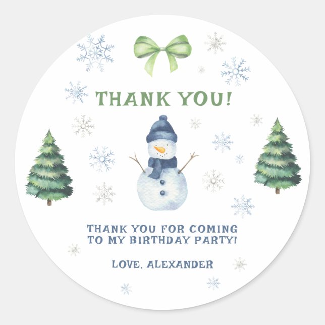 Pegatina Redonda Winter Onederland Snowman Birthday Gracias (Anverso)