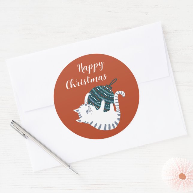 Pegatina Redonda Winter Party Christmas Toy Cat Gift  (Sobre)