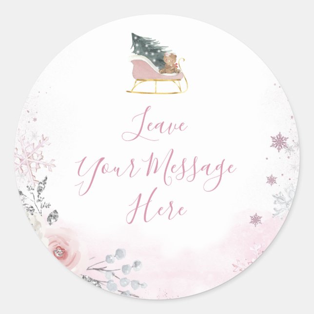 Pegatina Redonda Winter Pastel Pink Snowflake Sleigh Your Message (Anverso)
