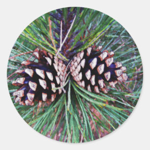 Pegatina Redonda Winter Pine Come