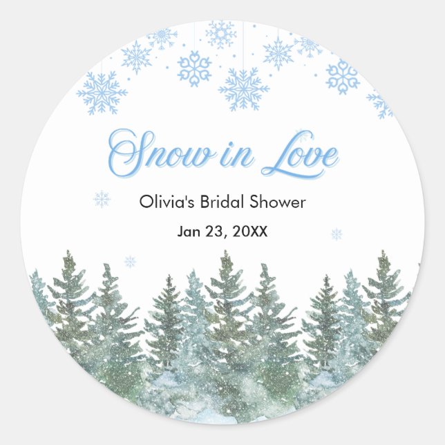 Pegatina Redonda Winter Pine Snow in Love Snowflakes Bridal Shower (Anverso)