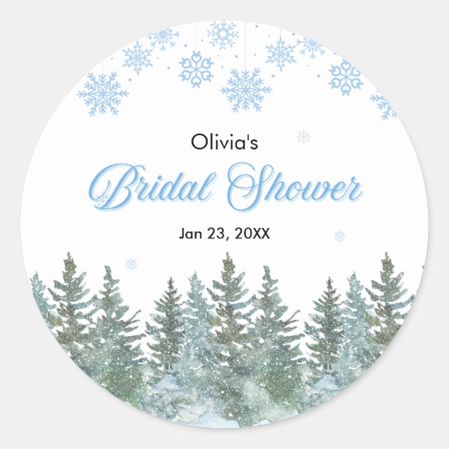 Pegatina Redonda Winter Pine Trees Snowflakes Bridal Shower  (Anverso)