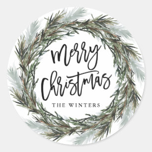 Pegatina Redonda Winter Pine Wreath Feliz Navidad Clásico Ronda S
